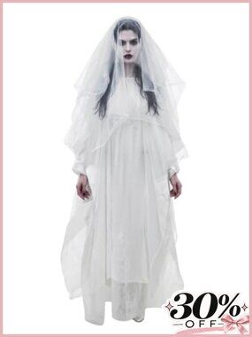 Women's Spooky Bride Costume Set White Robe Dress with Veil Halloween